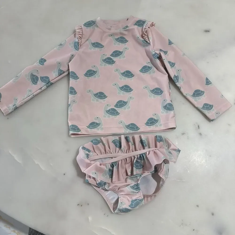 H&M Girls 2T Bathing Suit Long Sleeve Rash Guard Swim Set 2 Piece Pink Turtle
